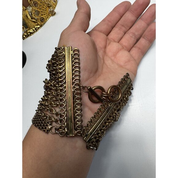 Vintage 1970s Multi Chain Wide Bracelet Bronze Tone Statement Bold Retro Heavy - Picture 3 of 7